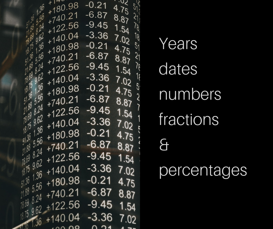 years, dates, fractions, numbers and percentages